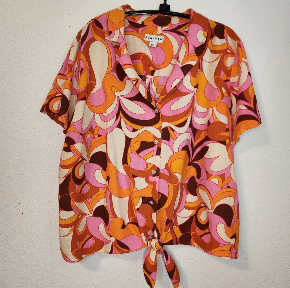 Ava & Viv‎ Linen Blend Psychedelic Boho Retro Front-Tie Top, Size 1X